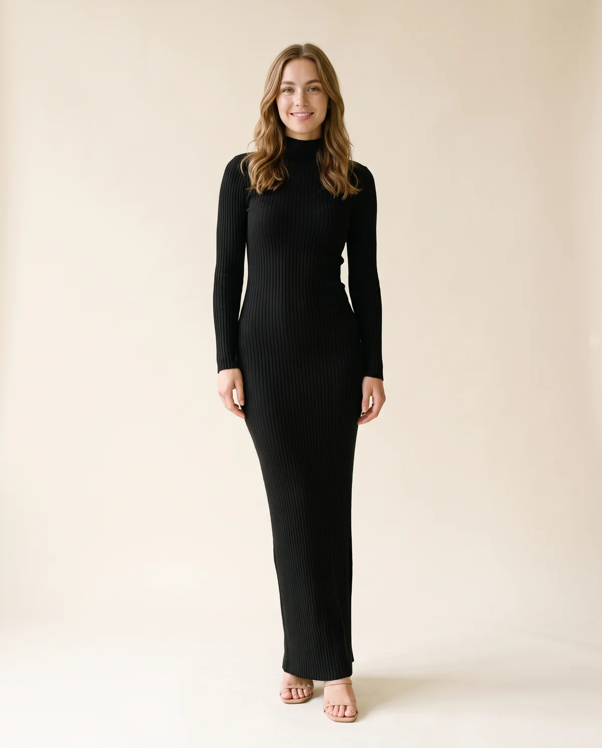 High-Neck Rib Knit Bodycon Maxi Dress in Black, front view, worn by Ava