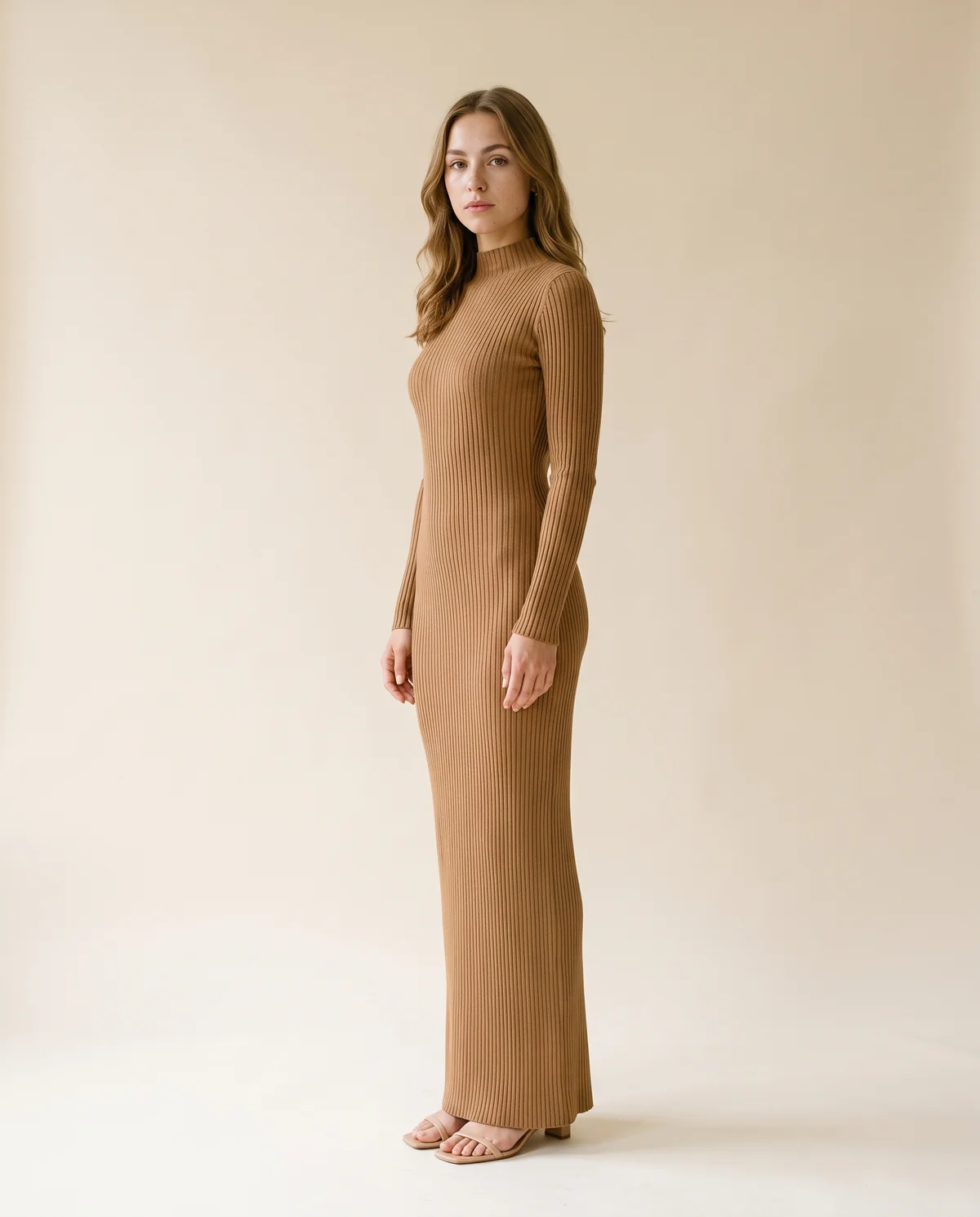 High-Neck Rib Knit Bodycon Maxi Dress in Camel, side view, worn by Ava