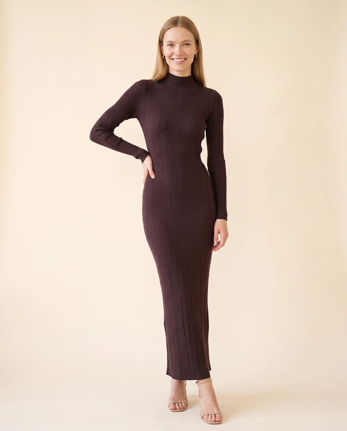 High-Neck Rib Knit Bodycon Maxi Dress in Plum, front view, worn by Maya