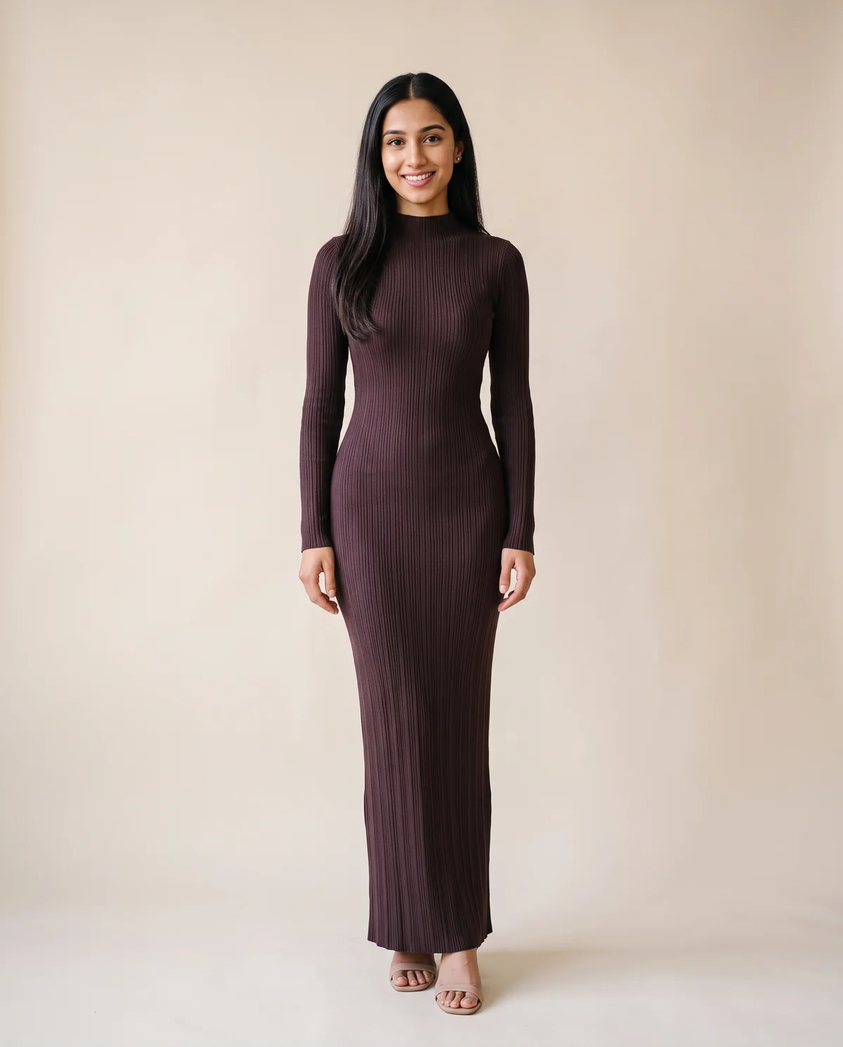 High-Neck Rib Knit Bodycon Maxi Dress in Plum, front view, worn by Priya