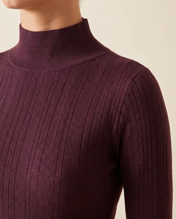 High-Neck Rib Knit Bodycon Maxi Dress in Plum, close-up of the detail