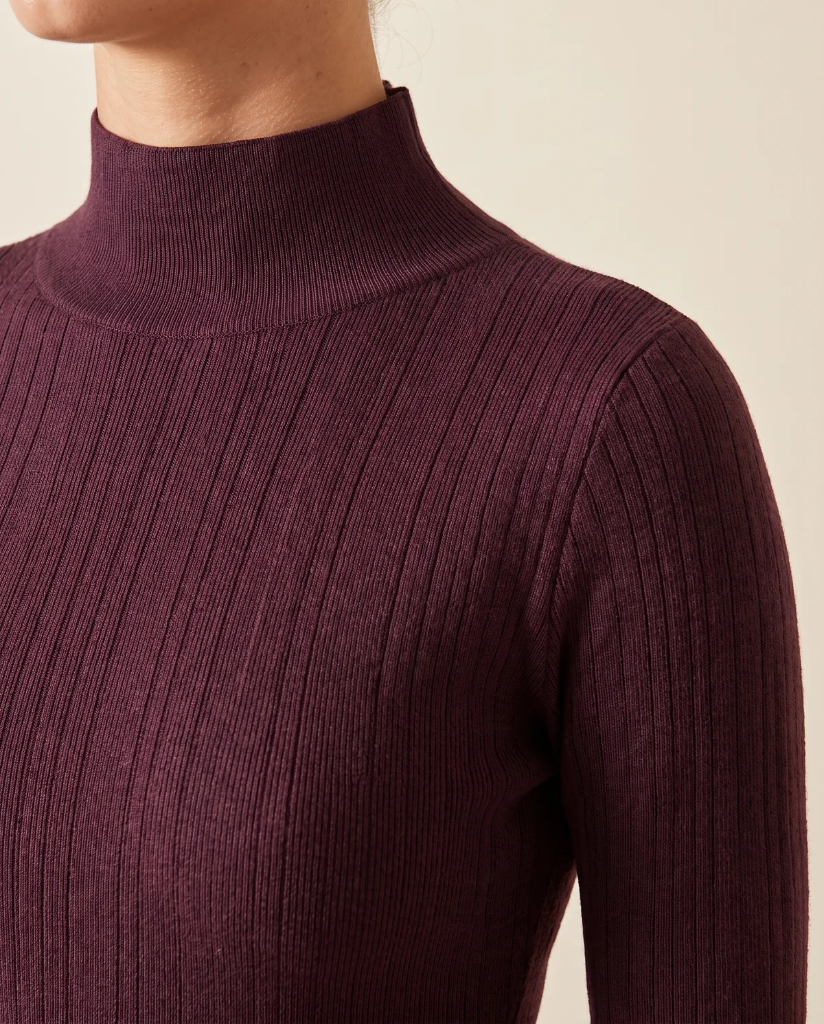High-Neck Rib Knit Bodycon Maxi Dress in Plum, close-up of the detail