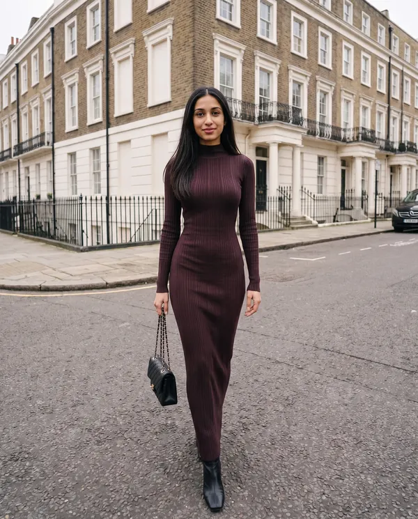 Satin Eve styling: High-Neck Rib Knit Bodycon Maxi Dress