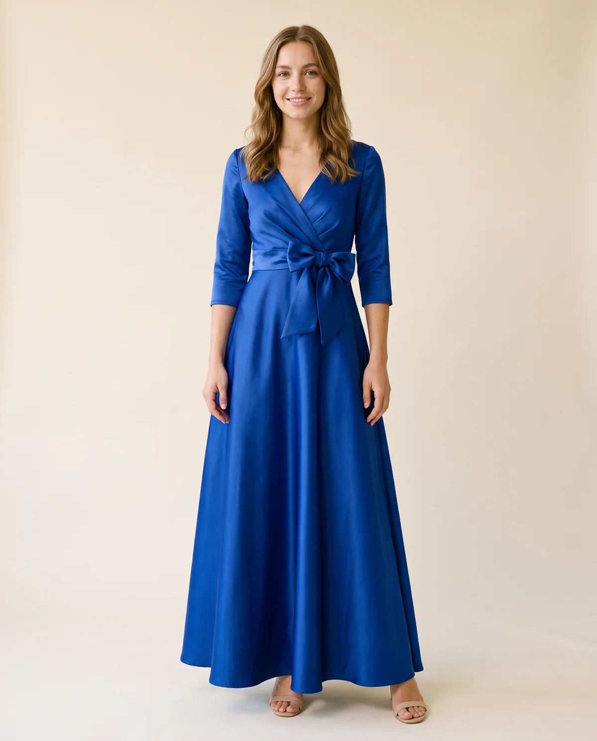 Satin Bow-Waist A-Line Maxi Dress in Royal Blue, front view, worn by Ava