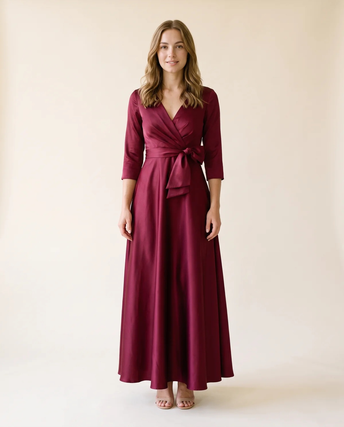 Satin Bow-Waist A-Line Maxi Dress in Wine, front view, worn by Ava