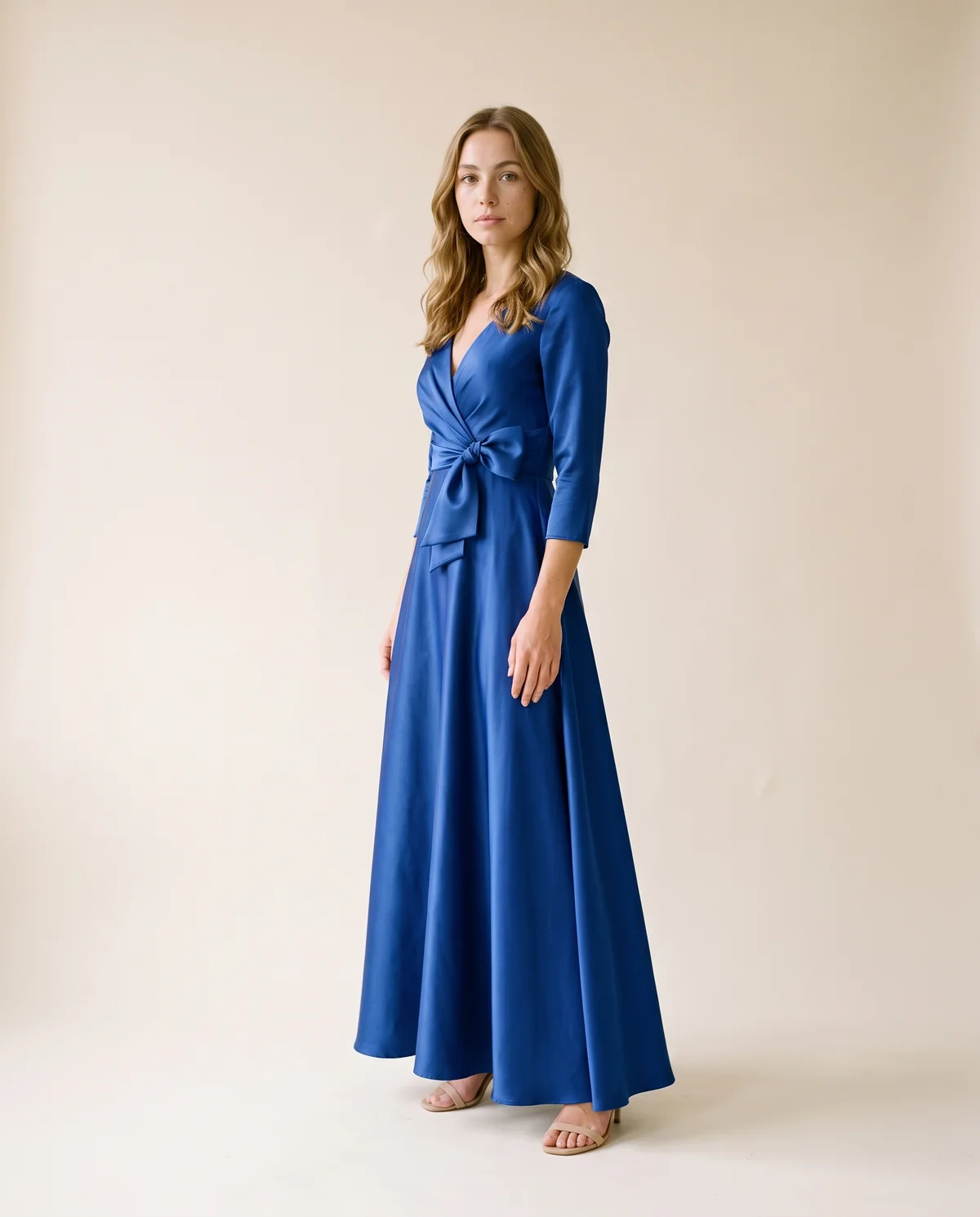 Satin Bow-Waist A-Line Maxi Dress in Royal Blue, side view, worn by Ava