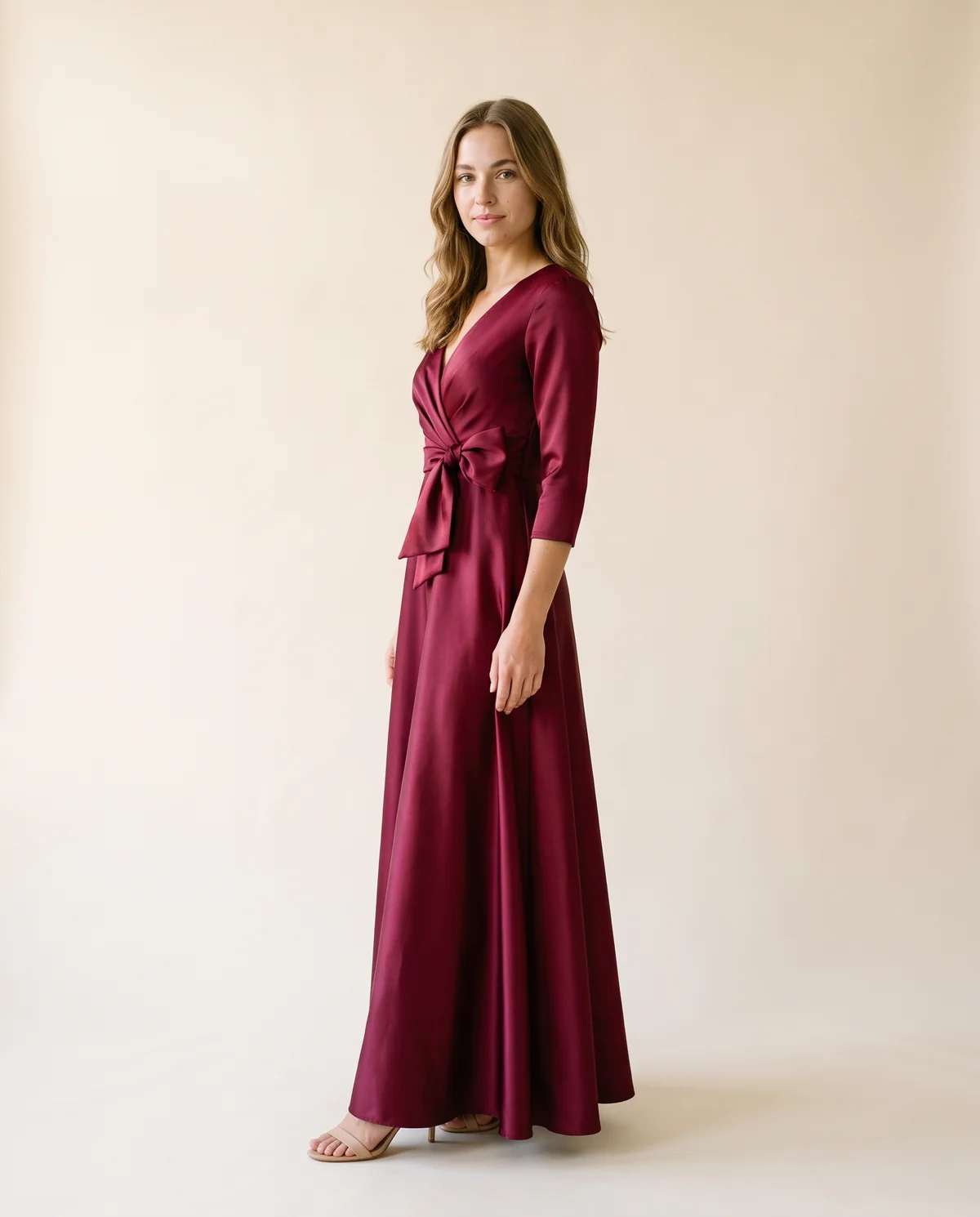Satin Bow-Waist A-Line Maxi Dress in Wine, side view, worn by Ava