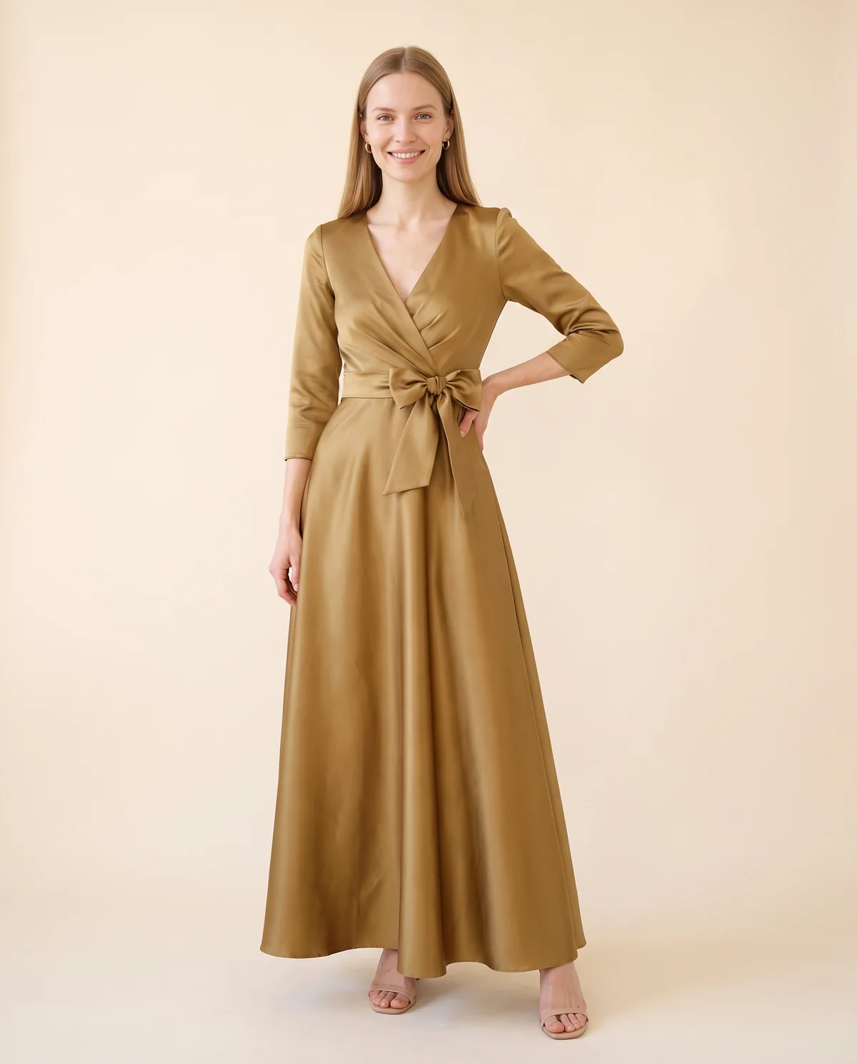 Satin Bow-Waist A-Line Maxi Dress in Antique Gold, front view, worn by Maya