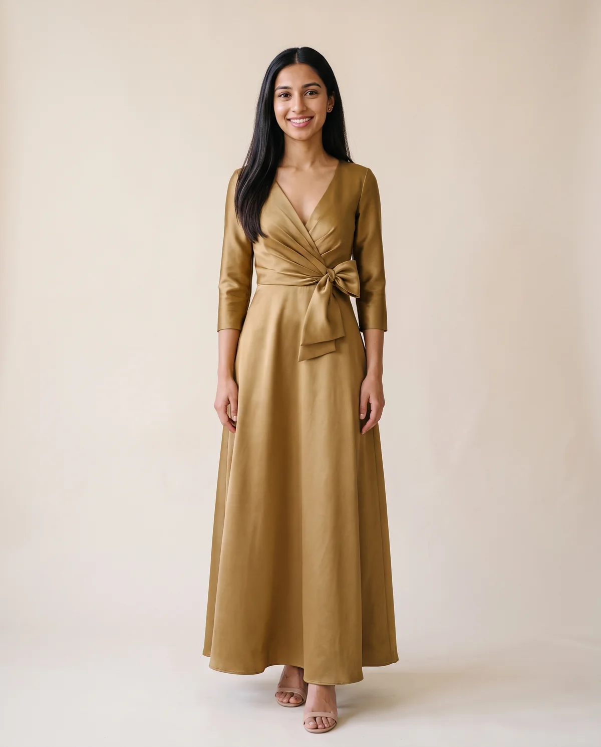 Satin Bow-Waist A-Line Maxi Dress in Antique Gold, front view, worn by Priya