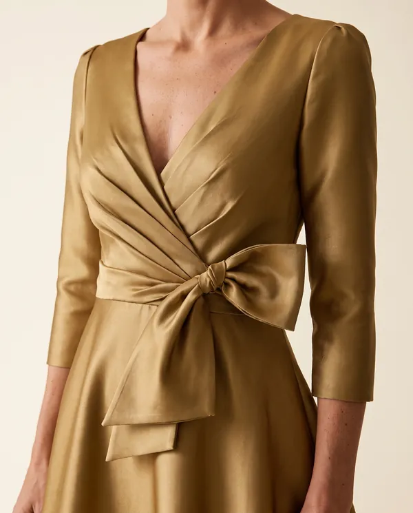 Satin Bow-Waist A-Line Maxi Dress in Antique Gold, close-up of the detail