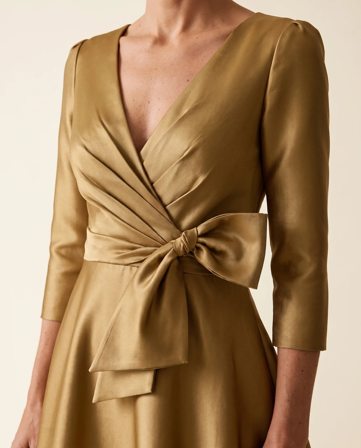 Satin Bow-Waist A-Line Maxi Dress in Antique Gold, close-up of the detail