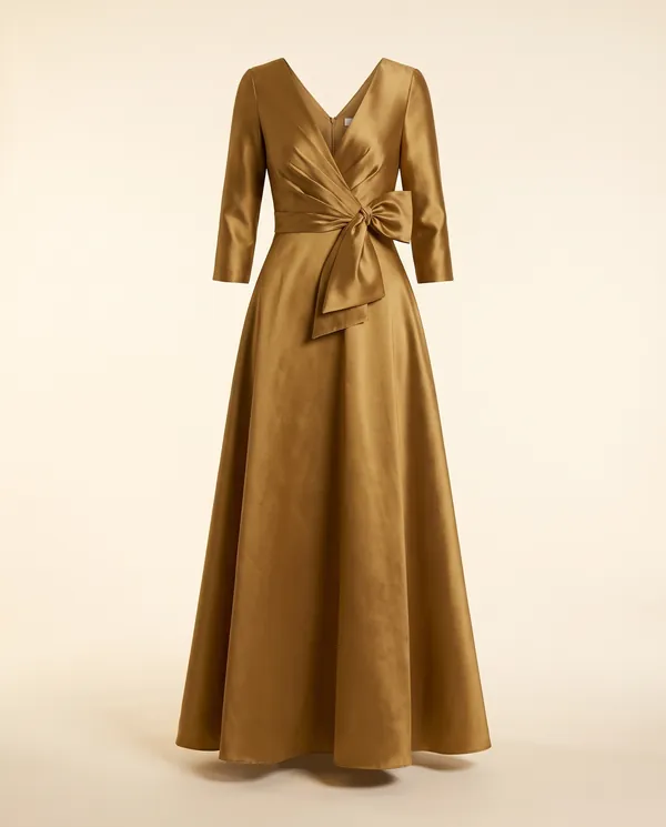 Satin Bow-Waist A-Line Maxi Dress in Antique Gold, product shot on a plain background