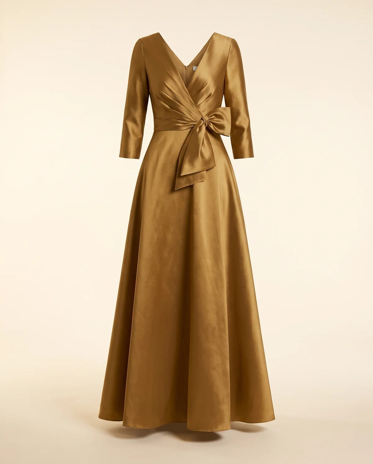 Satin Bow-Waist A-Line Maxi Dress in Antique Gold, product shot on a plain background