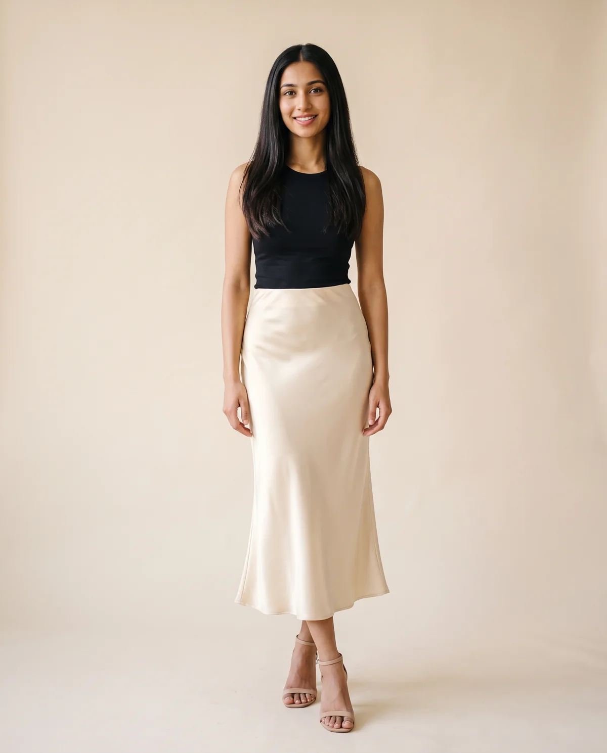 Satin Bias-Cut Midi Skirt in Cream, front view, worn by Priya