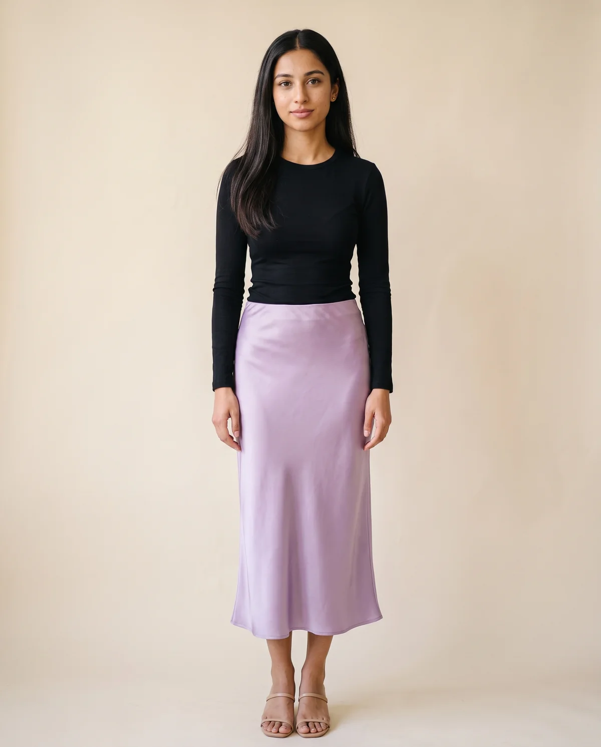 Satin Bias-Cut Midi Skirt in Lilac, front view, worn by Priya