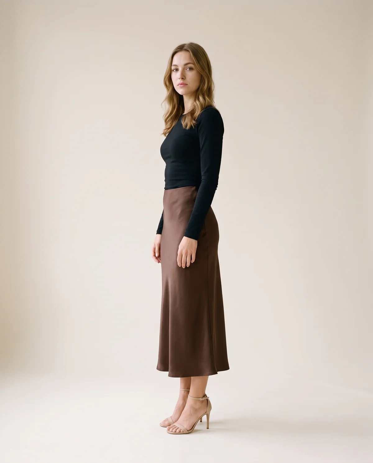 Satin Bias-Cut Midi Skirt in Chocolate, side view, worn by Ava