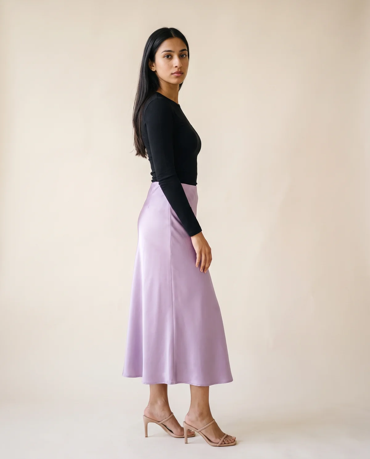Satin Bias-Cut Midi Skirt in Lilac, side view, worn by Priya