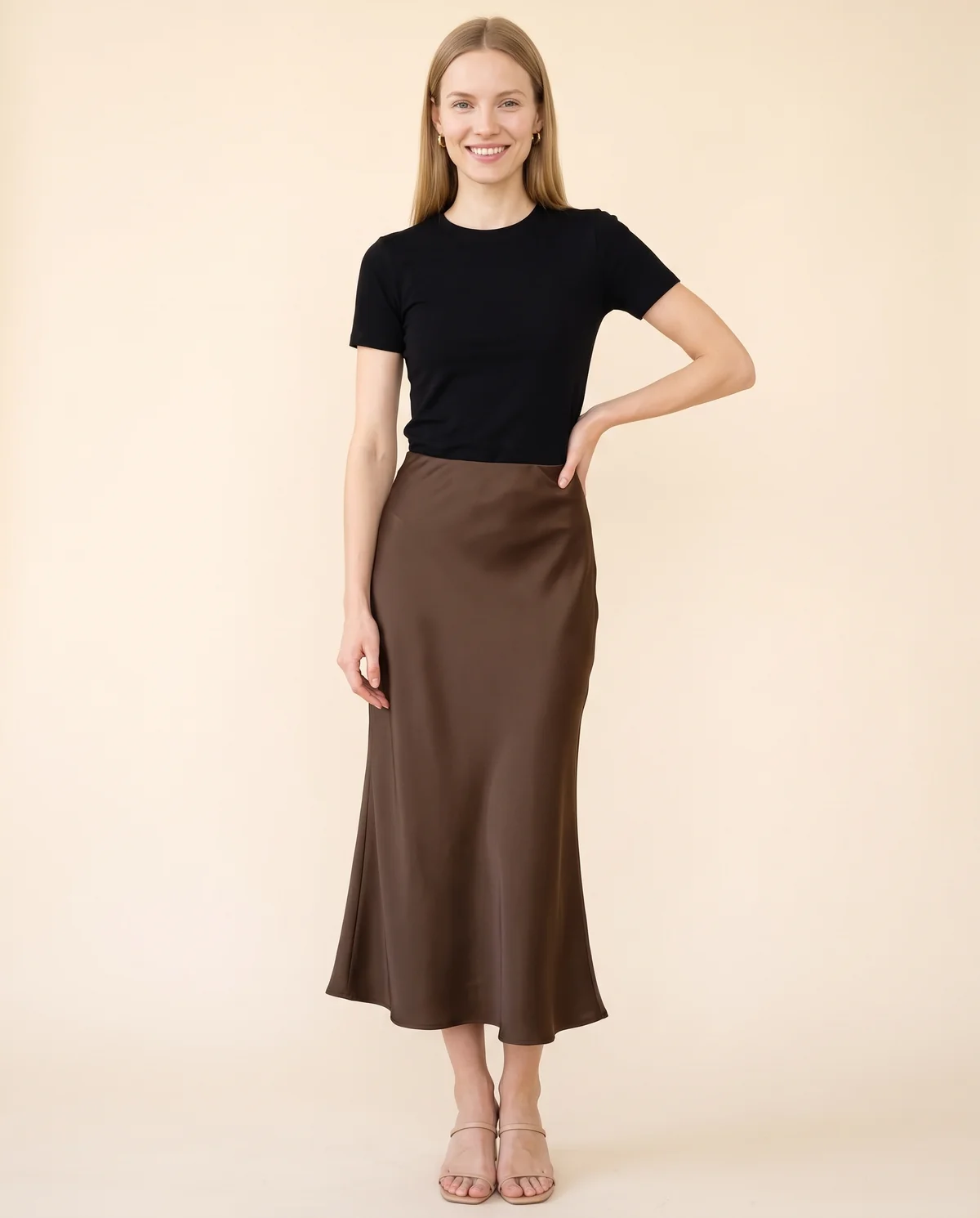 Satin Bias-Cut Midi Skirt in Chocolate, front view, worn by Maya