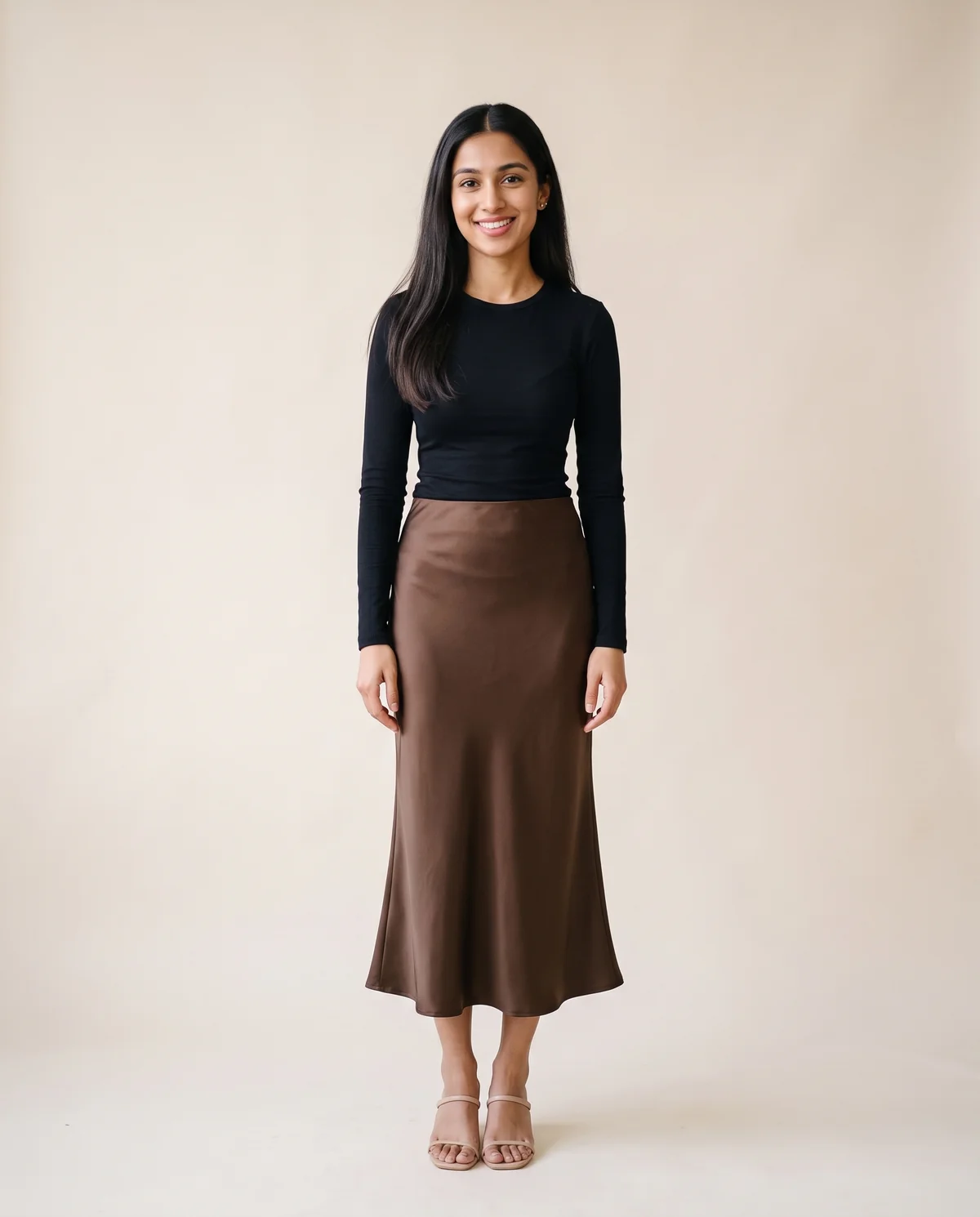Satin Bias-Cut Midi Skirt in Chocolate, front view, worn by Priya