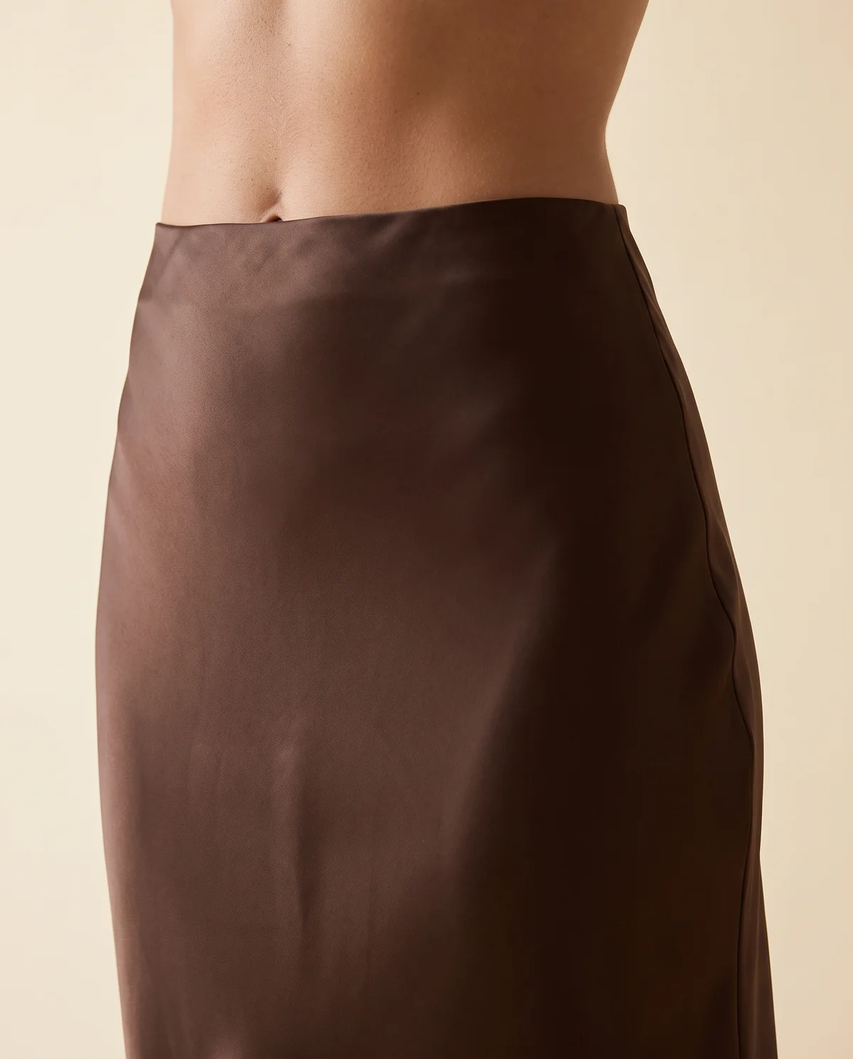 Satin Bias-Cut Midi Skirt in Chocolate, close-up of the detail