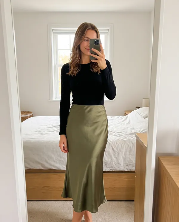 Satin Eve styling: Satin Bias-Cut Midi Skirt