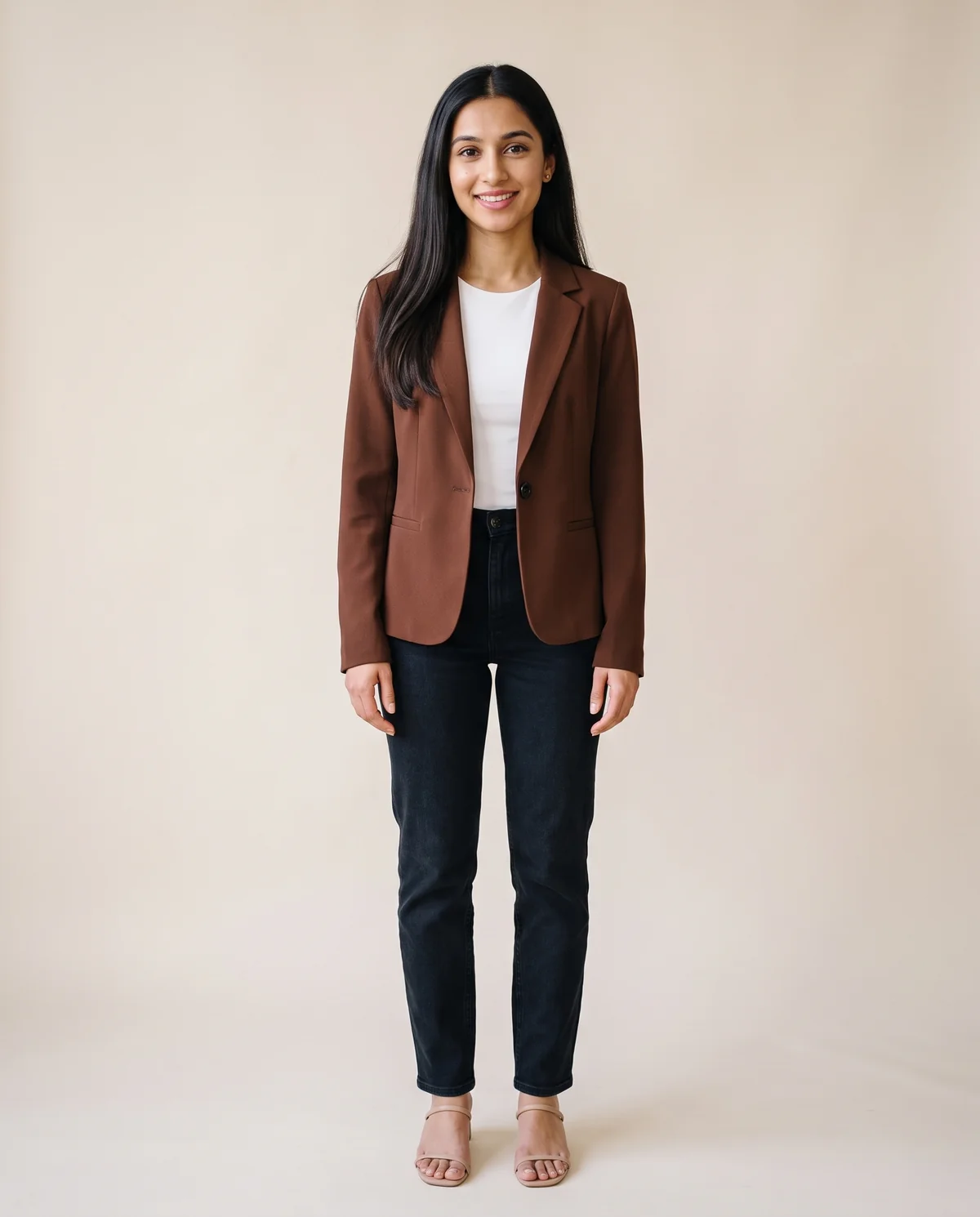 Soft Crepe-Look Blazer in Chocolate, front view, worn by Priya
