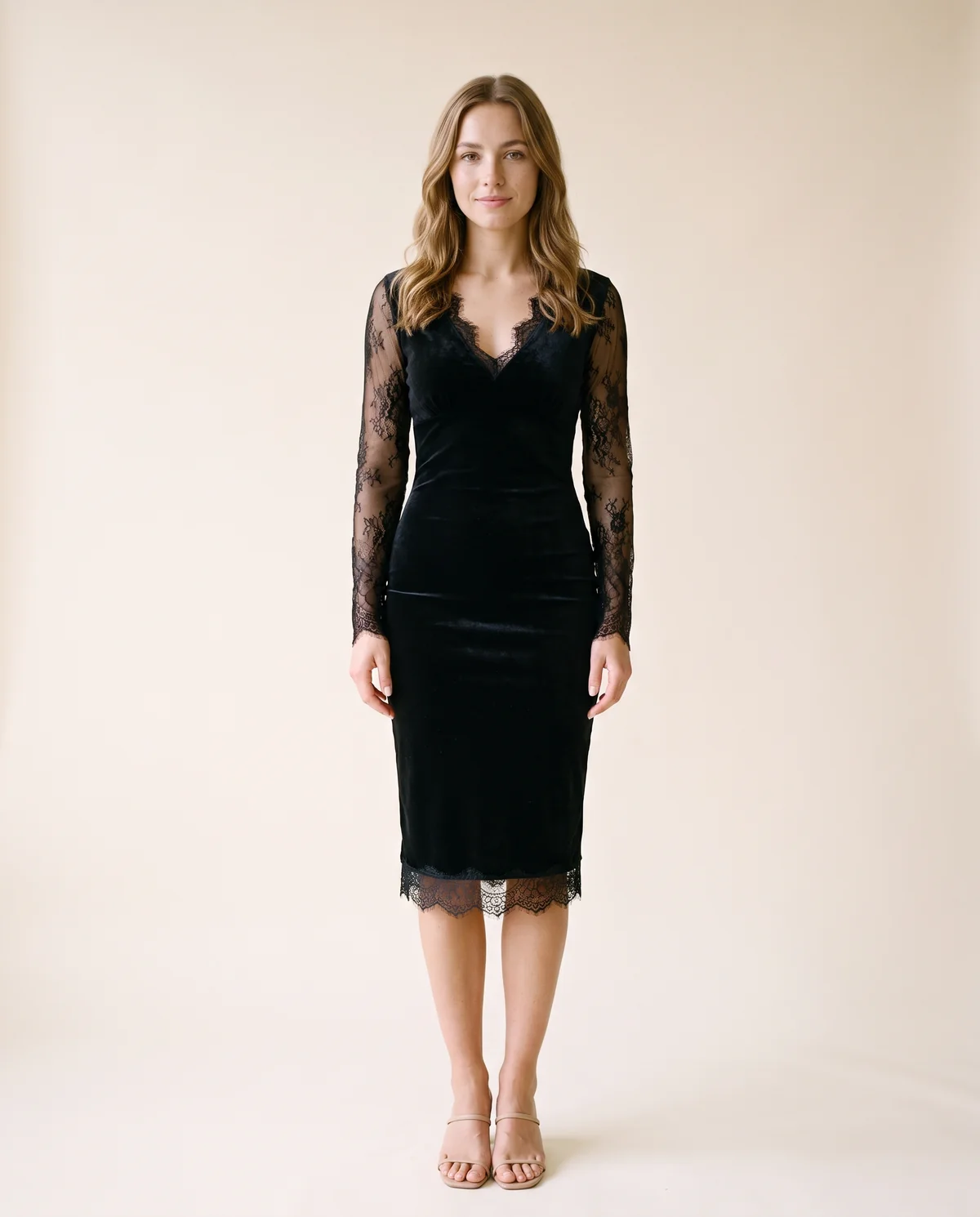 Velvet Lace-Sleeve Bodycon Midi Dress in Black, front view, worn by Ava