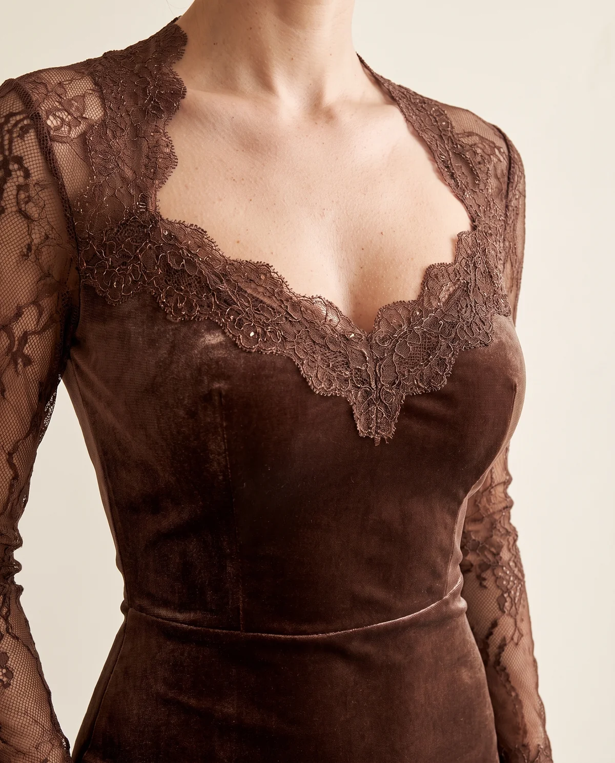 Velvet Lace-Sleeve Bodycon Midi Dress in Chocolate, close-up of the detail