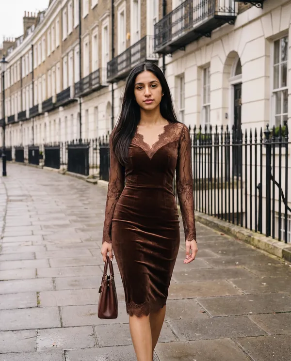 Satin Eve styling: Velvet Lace-Sleeve Bodycon Midi Dress