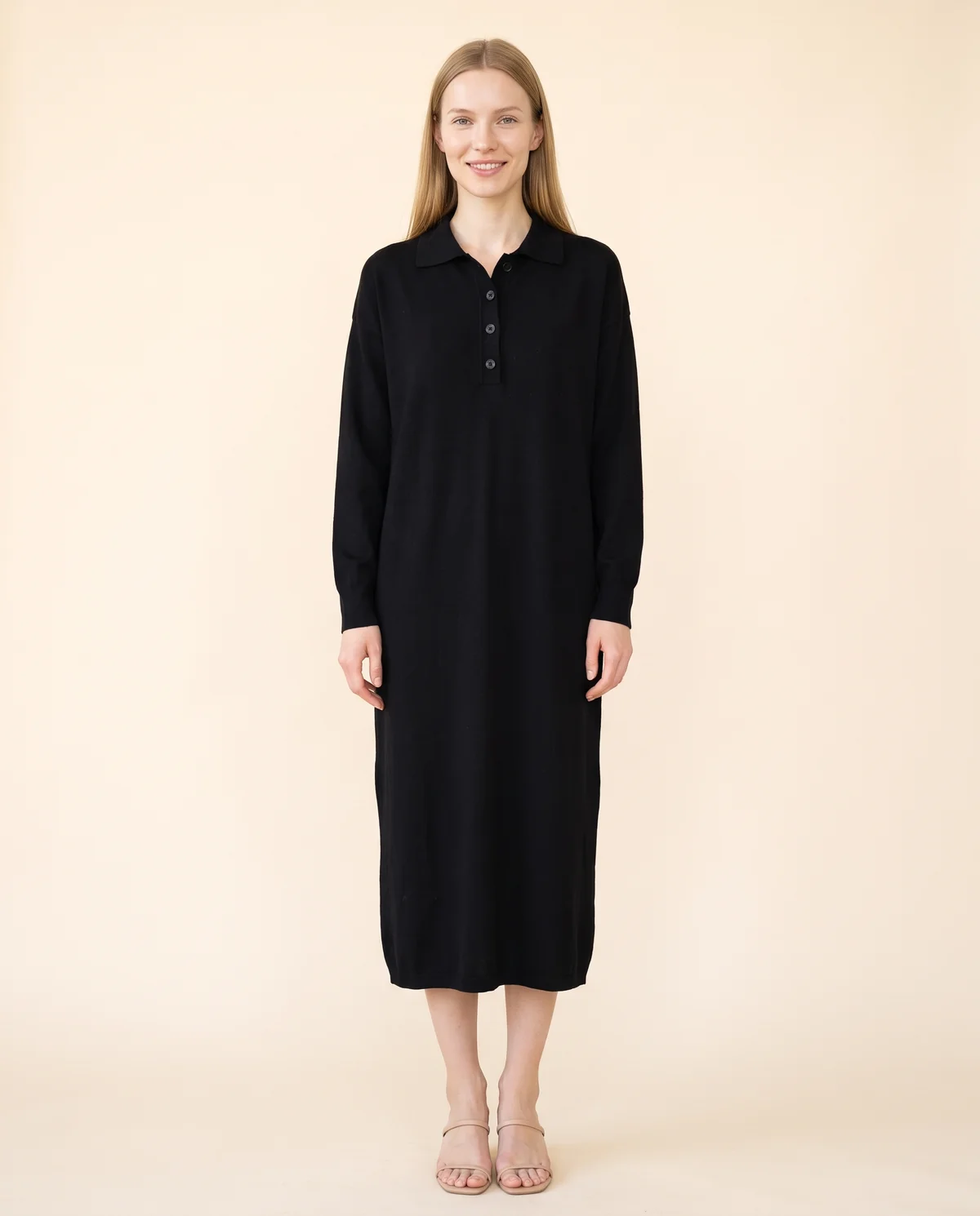 Button-Collar Knit Sweater Midi Dress in Black, front view, worn by Maya