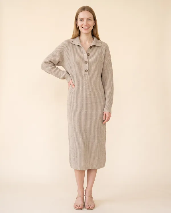 Button-Collar Knit Sweater Midi Dress in Oatmeal, front view, worn by Maya