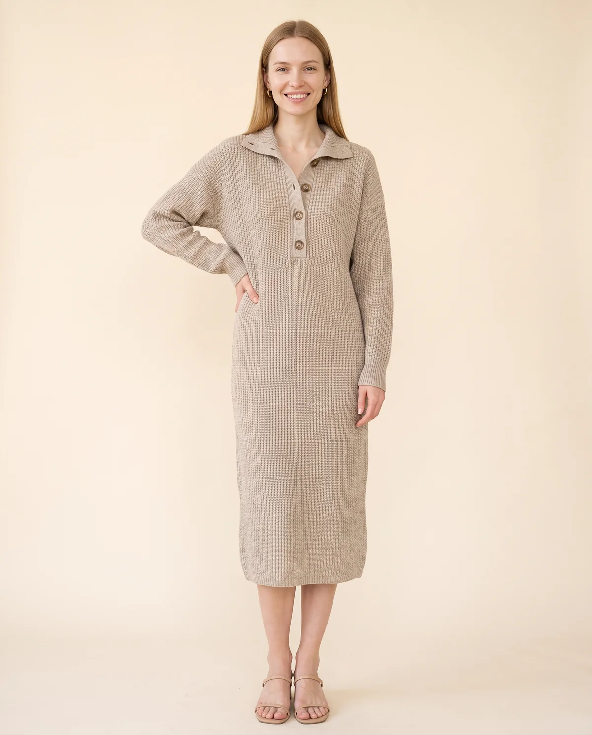 Button-Collar Knit Sweater Midi Dress in Oatmeal, front view, worn by Maya