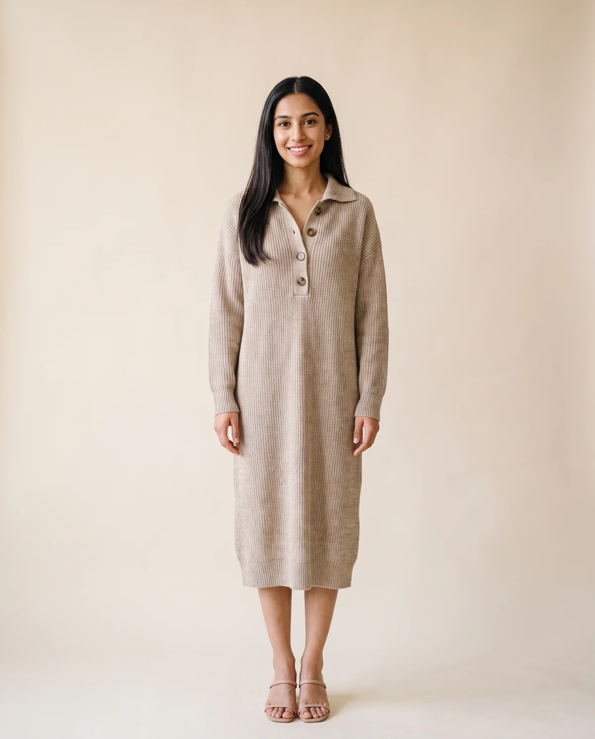 Button-Collar Knit Sweater Midi Dress in Oatmeal, front view, worn by Priya