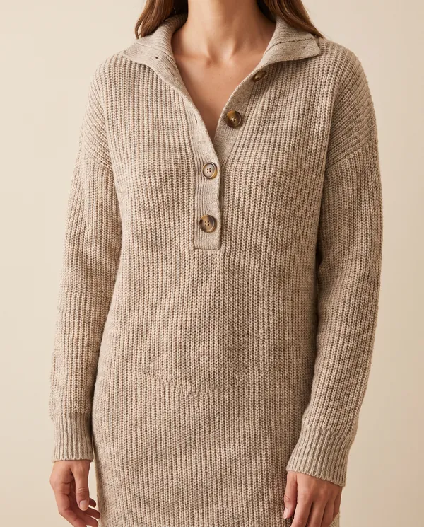 Button-Collar Knit Sweater Midi Dress in Oatmeal, close-up of the detail