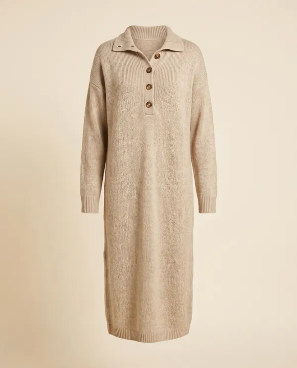 Button-Collar Knit Sweater Midi Dress in Oatmeal, product shot on a plain background
