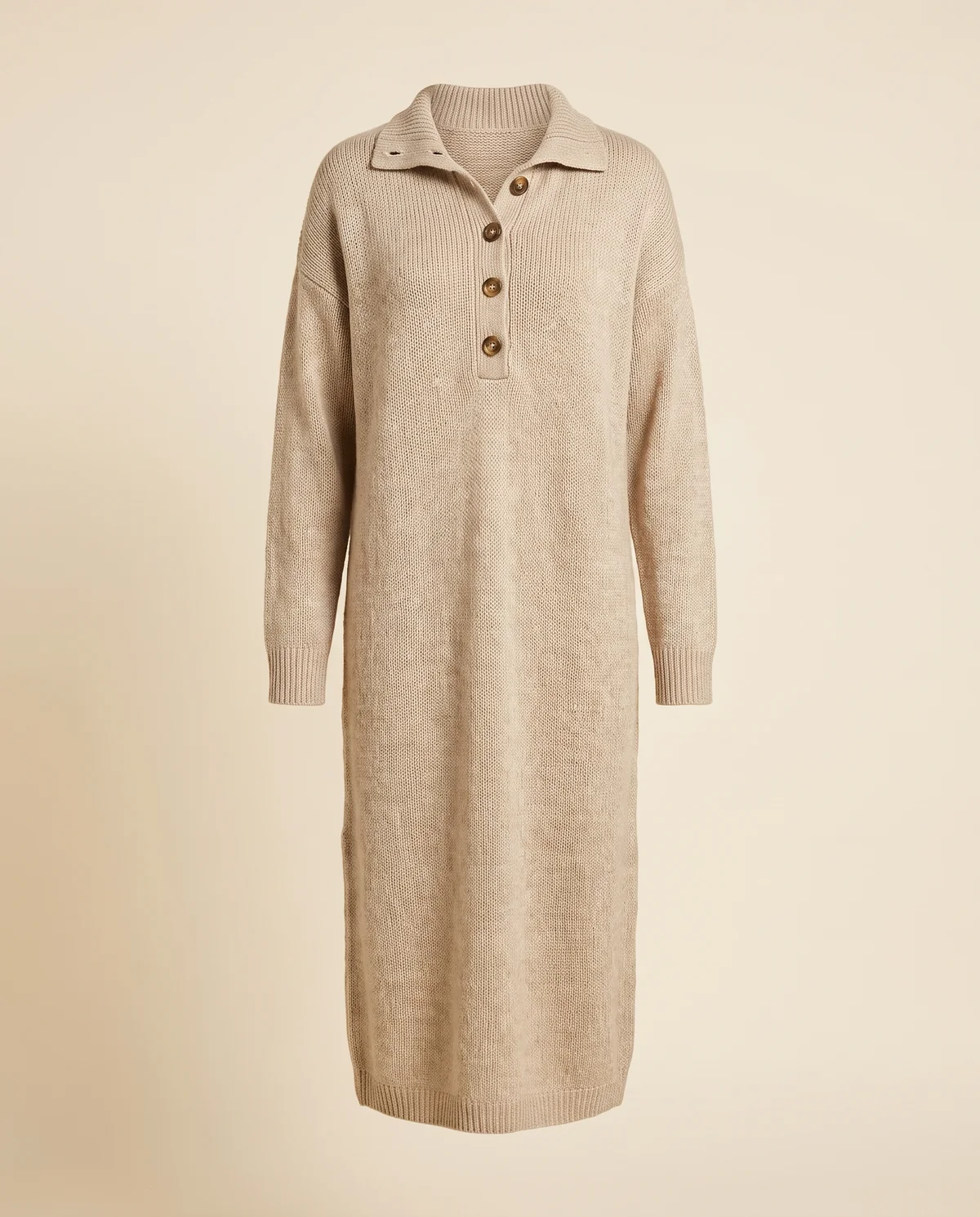 Button-Collar Knit Sweater Midi Dress in Oatmeal, product shot on a plain background