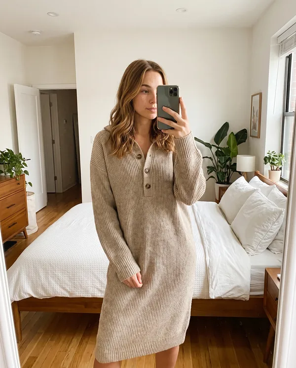 Satin Eve styling: Button-Collar Knit Sweater Midi Dress