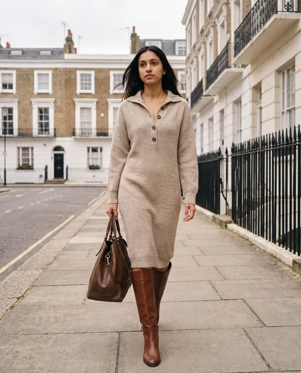 Satin Eve styling: Button-Collar Knit Sweater Midi Dress