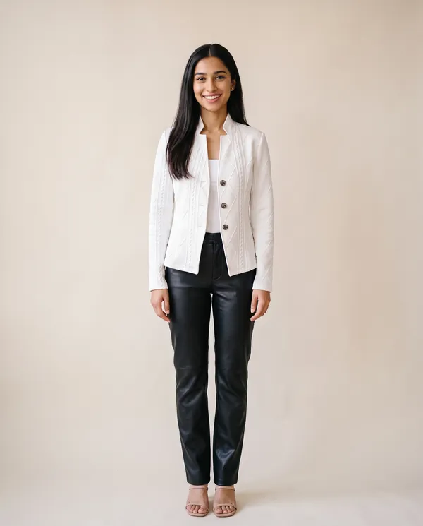 Cable-Texture Stand-Collar Jacket in Ivory, front view, worn by Priya