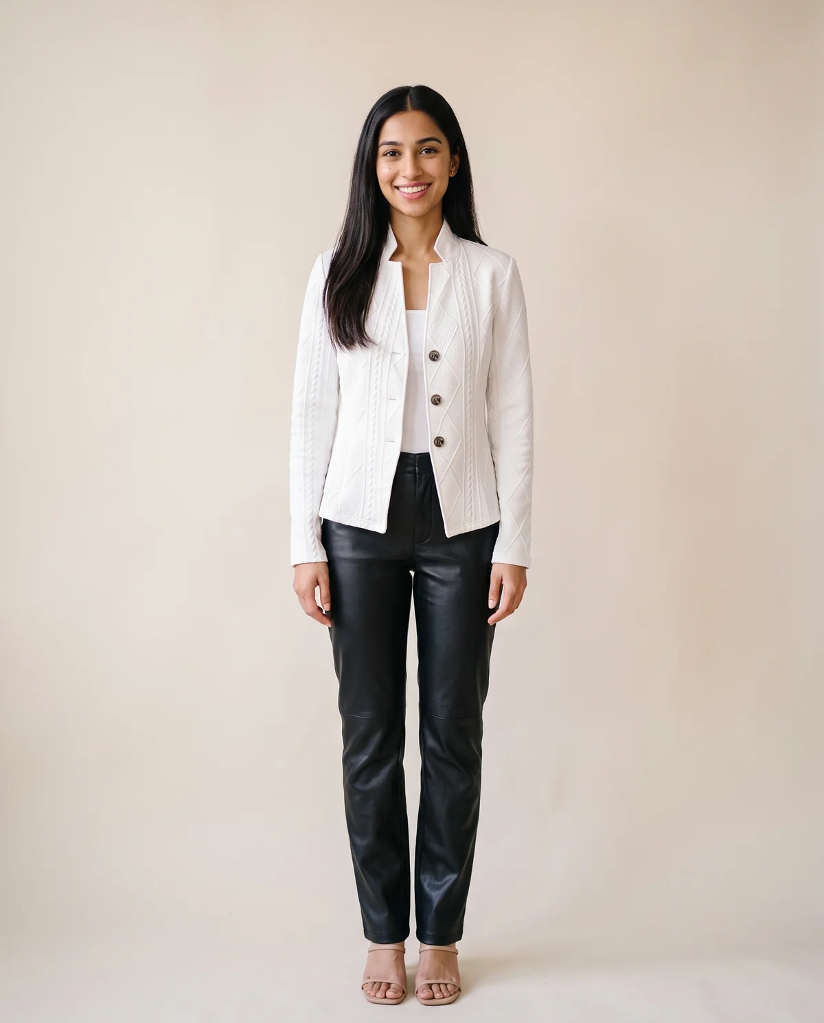 Cable-Texture Stand-Collar Jacket in Ivory, front view, worn by Priya