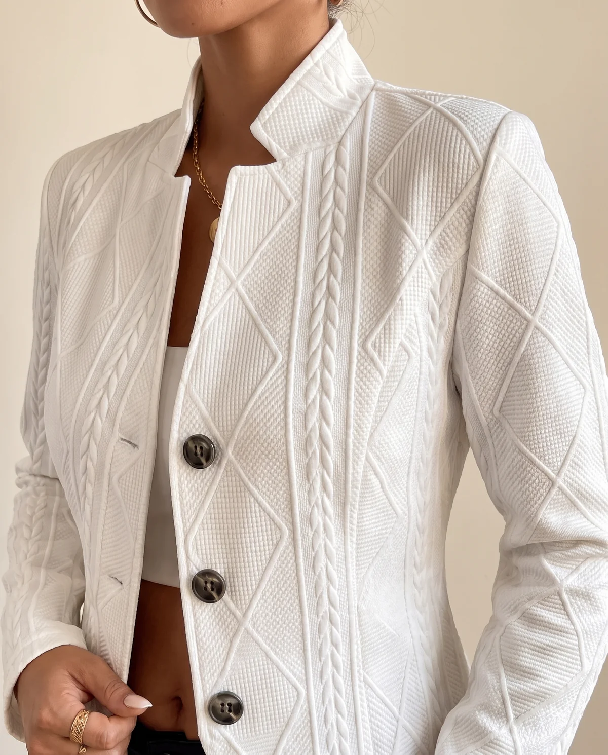Cable-Texture Stand-Collar Jacket in Ivory, close-up of the detail