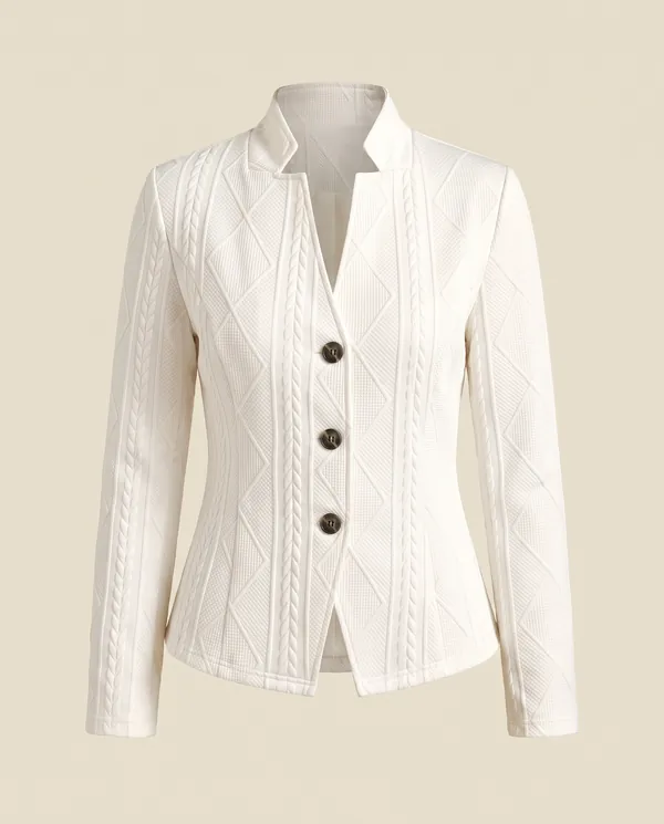 Cable-Texture Stand-Collar Jacket in Ivory, product shot on a plain background