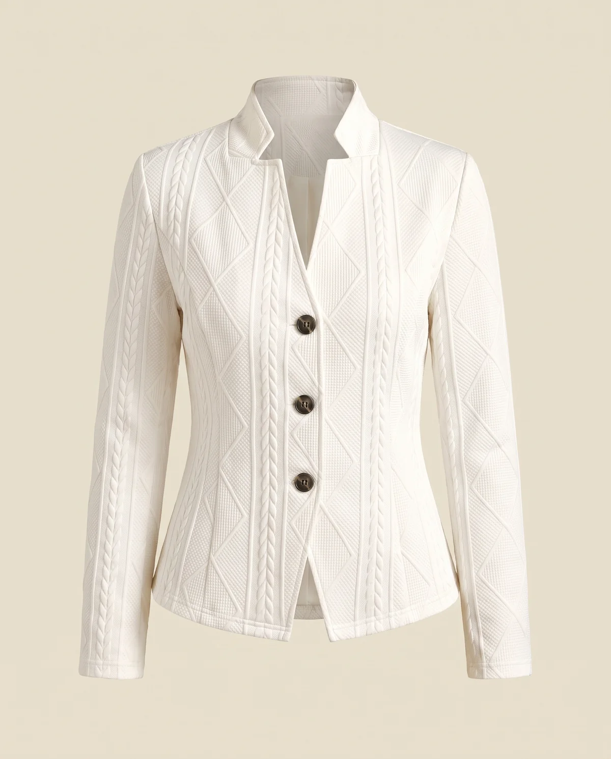 Cable-Texture Stand-Collar Jacket in Ivory, product shot on a plain background