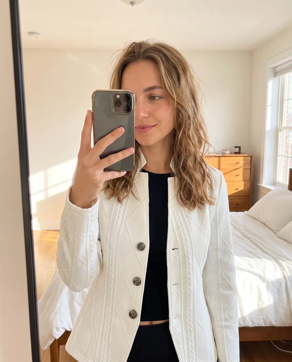 Satin Eve styling: Cable-Texture Stand-Collar Jacket