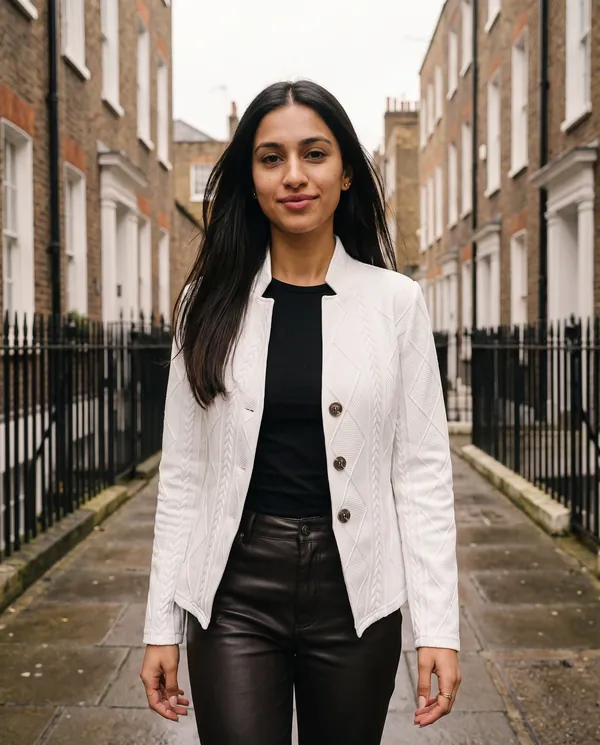 Satin Eve styling: Cable-Texture Stand-Collar Jacket