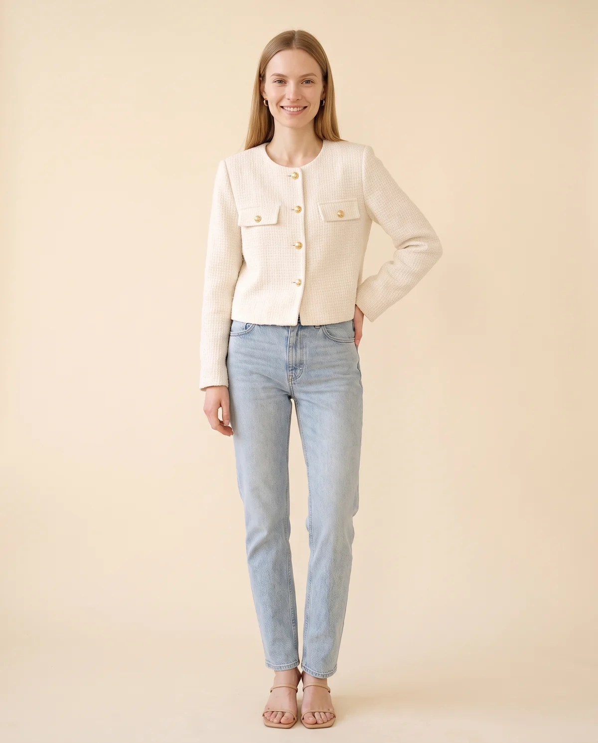 Cropped Tweed Jacket with Gold Buttons in Cream, front view, worn by Maya