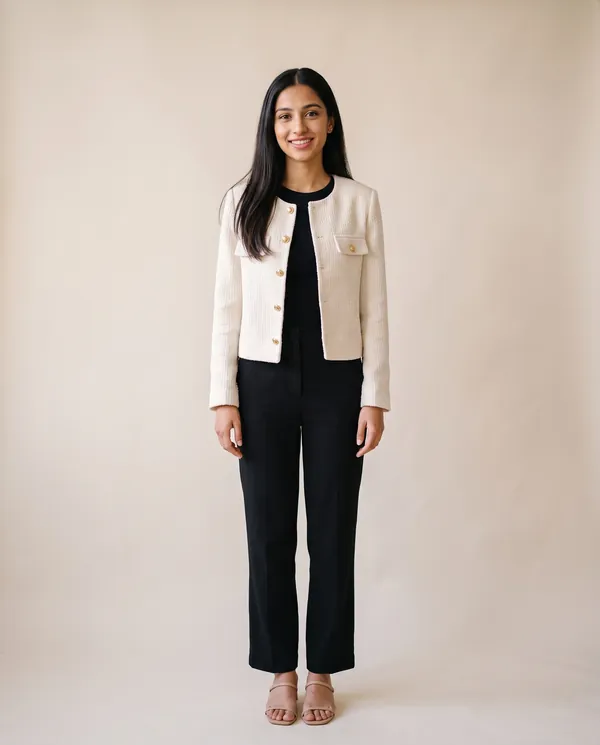 Cropped Tweed Jacket with Gold Buttons in Cream, front view, worn by Priya