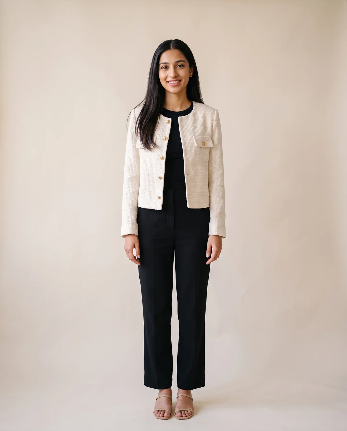 Cropped Tweed Jacket with Gold Buttons in Cream, front view, worn by Priya