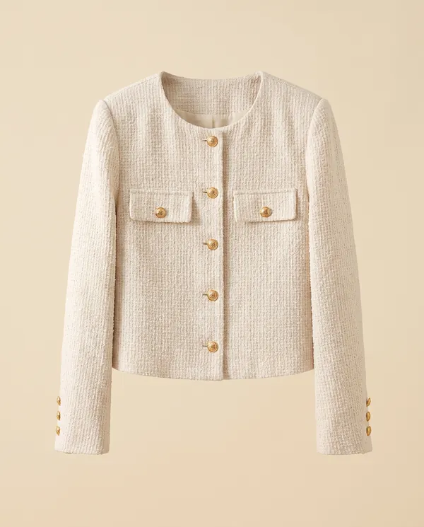 Cropped Tweed Jacket with Gold Buttons in Cream, product shot on a plain background