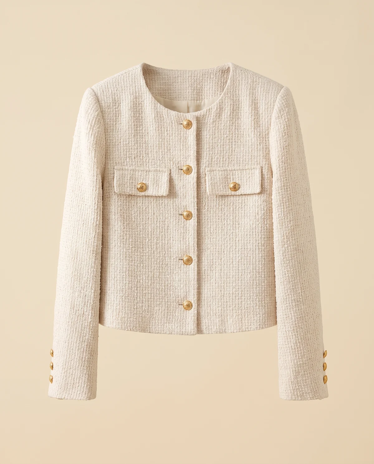 Cropped Tweed Jacket with Gold Buttons in Cream, product shot on a plain background